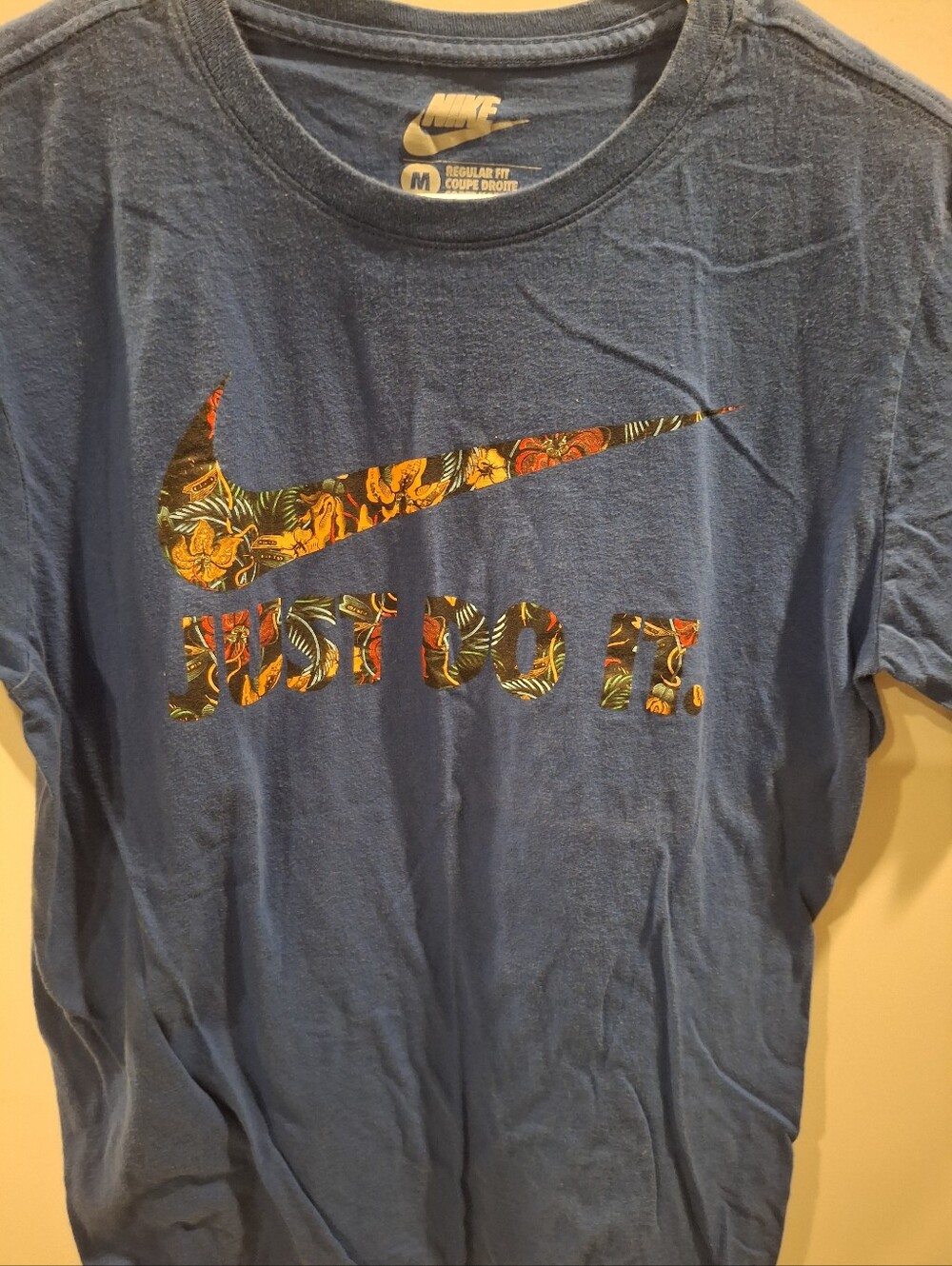 Nike Blue Tee with Multicolor Swoosh and 'Just Do It'